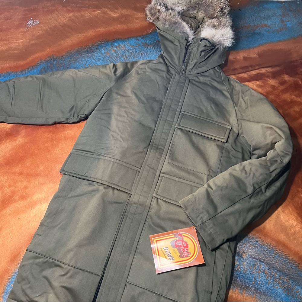 Vintage Comfy USA Down Parka Fur Trimmed Hood XS Green NOS Insulated winter coat